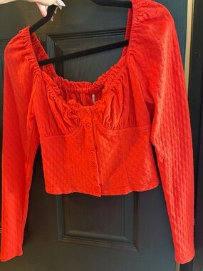 Free People Red Button-Front Long Sleeve Crop Top
